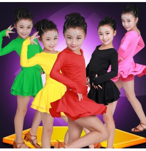 Green fuchsia hot pink red yellow black long sleeves microfiber spandex girls kids children competition school play latin cha cha dance dresses costumes skirts